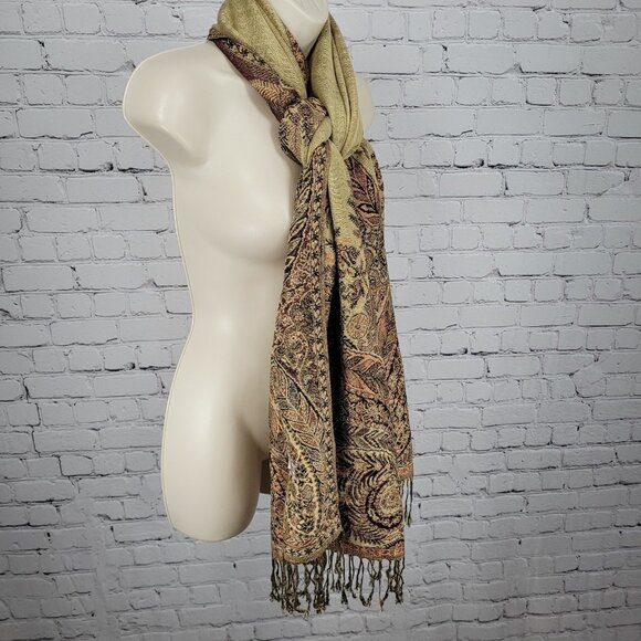 Pashmina Tan Multicolor Silk Paisley Floral Fringe Rectangle Scarf Wrap 70x27" - Picture 8 of 8